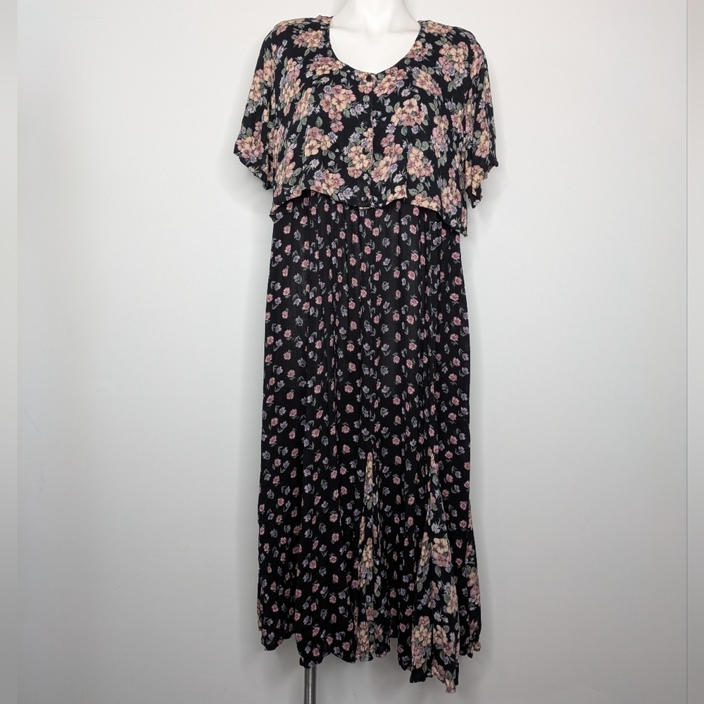 Vintage Nostalgia Layered Black Pink 90s Floral Short Sleeve Dress S